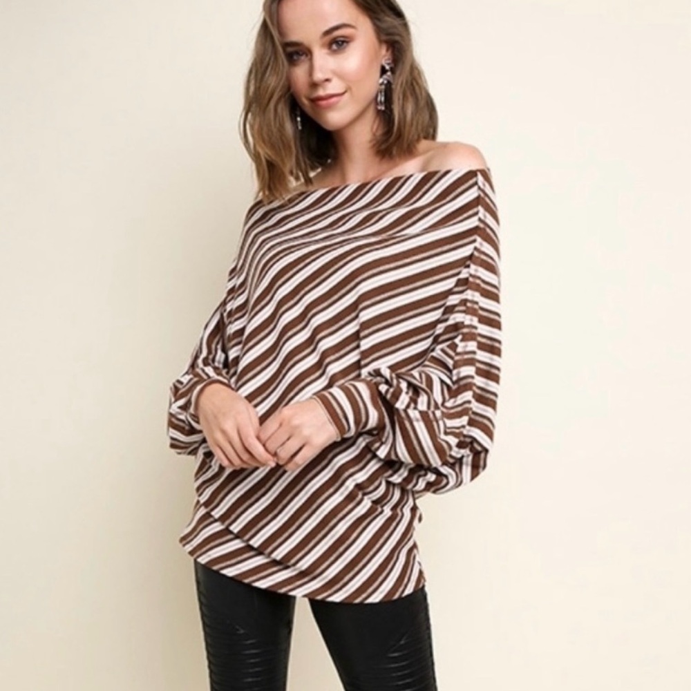 NWT Umgee Dolman Sleeve Brown Striped Top